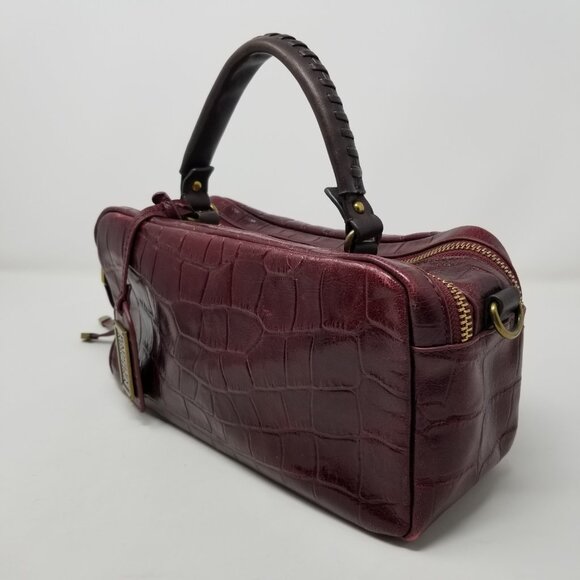 Badgley Mischka Dark Burgundy Red Faux Croc Embossed Leather & Brown Handbag - Picture 6 of 16